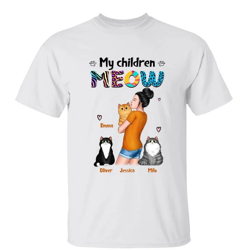 Women's Slit Sleeve T-Shirts-My Children Meow Cat Mom Holding Personalized Shirt