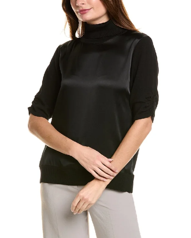 Women's Zip-Up A-Line Pullovers-Elie Tahari Satin Front Wool & Cashmere-Blend Sweater