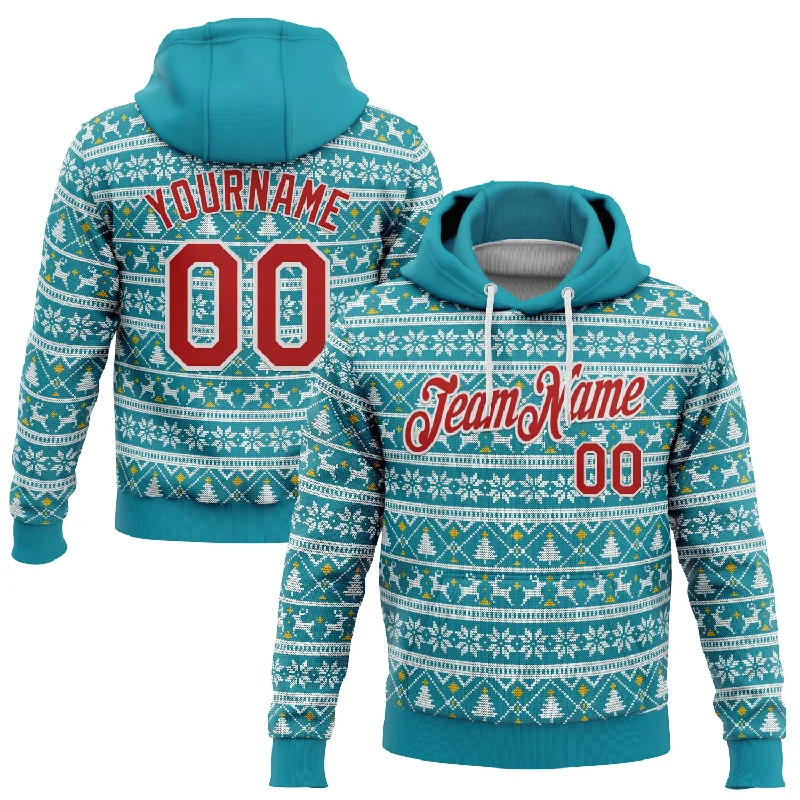 Women's Comfy Hoodies-Custom Stitched Midnight Green Red-White 3D Christmas Sports Pullover Sweatshirt Hoodie