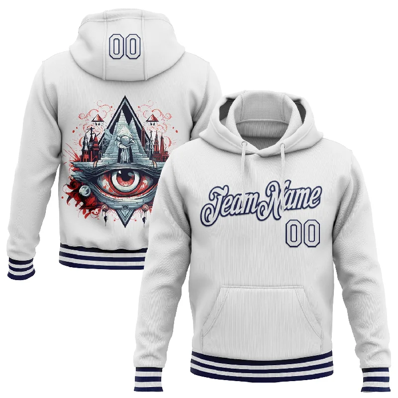 Women's Curvy Fit Hoodies-Custom Stitched White Navy 3D Pattern Design Evil Eyes Sports Pullover Sweatshirt Hoodie