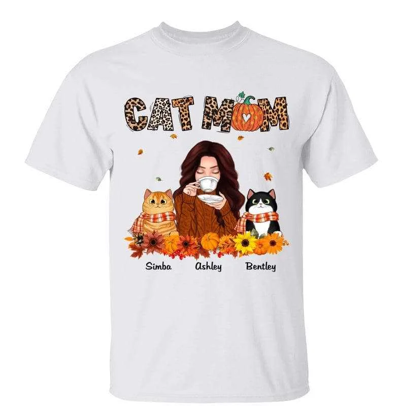 Women's Distressed T-Shirts-Fall Season Cat Mom Coffee Girl Fluffy Cats Personalized Shirt