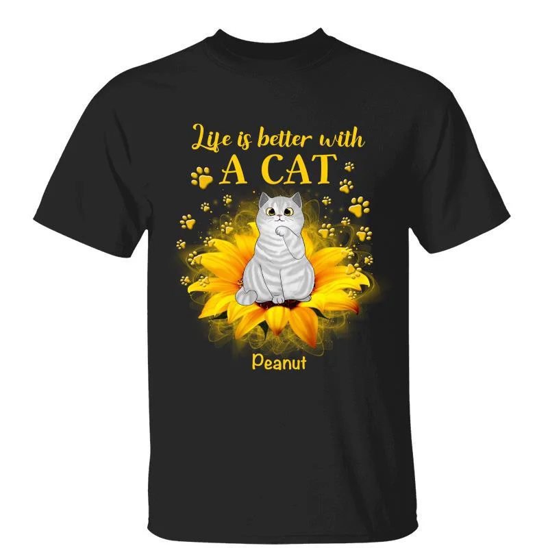 Women's High Neck T-Shirts-Fluffy Cats On Sunflower Personalized Shirt