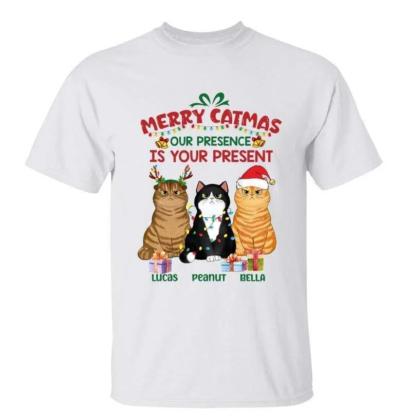 Women's Raw Edge T-Shirts-Meowy Catmas My Presence Is Your Present Cats Personalized Shirt