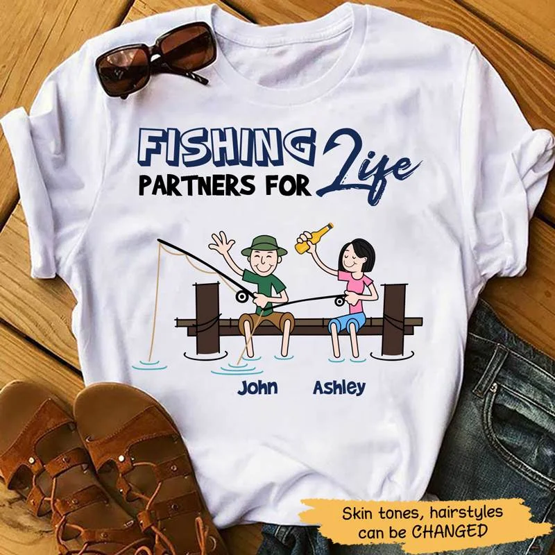 Women's Metallic Thread T-Shirts-Fishing Partners For Life Couple Personalized Shirt