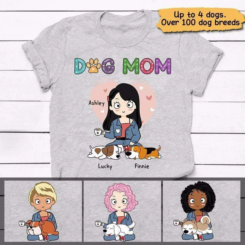 Women's Sequin Panel T-Shirts-Dog Mom Colorful Pattern Chibi Personalized Shirt