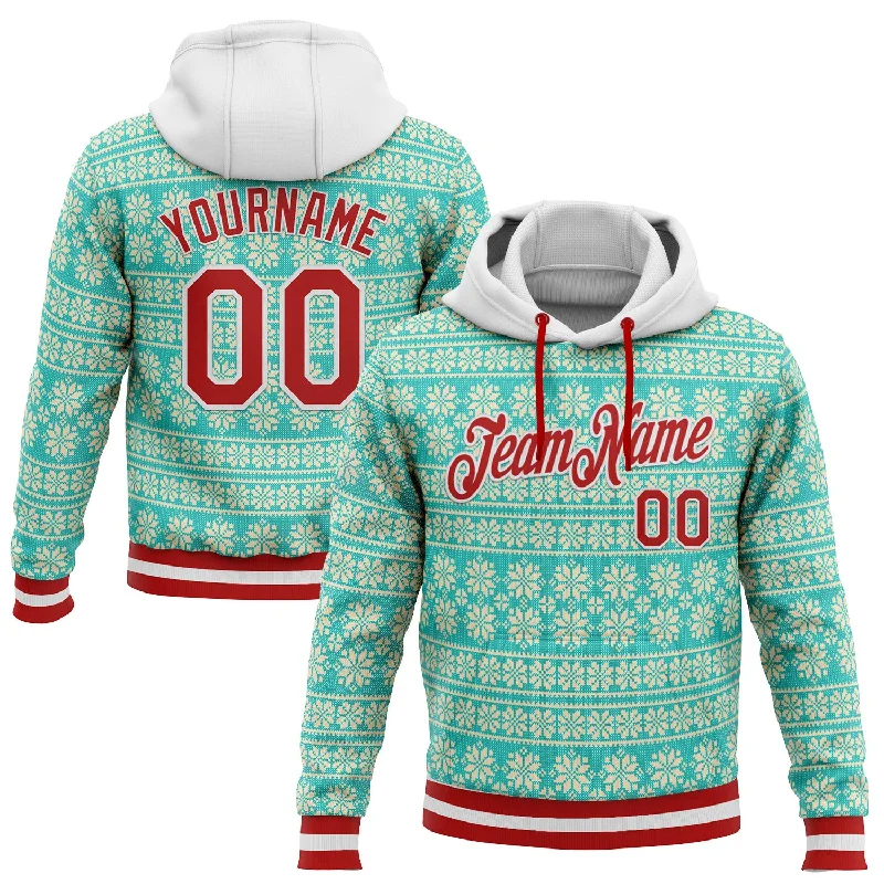 Women's Cold Shoulder Hoodies-Custom Stitched Aqua Red-White 3D Christmas Sports Pullover Sweatshirt Hoodie