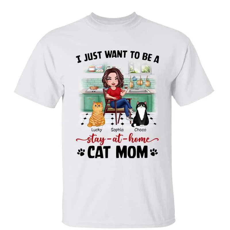 Women's Acid Wash T-Shirts-Stay At Home Cat Mom In Kitchen Gift Personalized Shirt