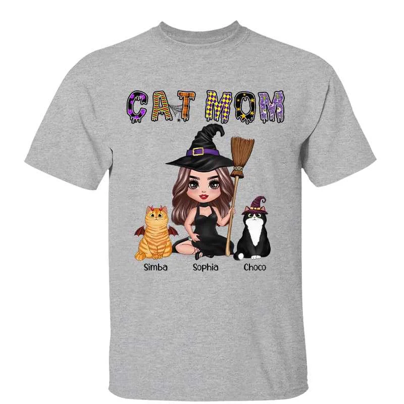 Women's Athletic Fit T-Shirts-Halloween Pattern Cat Mom Doll Woman Personalized Shirt