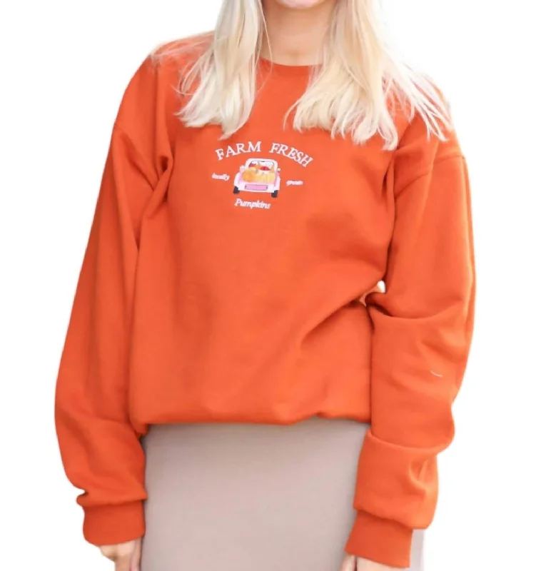 Women's Thermal Pleated Pullovers-Farm Fresh Pumpkins Crewneck Sweater In Burnt Orange