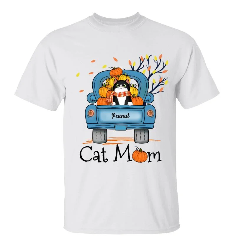 Women's Faux Suede T-Shirts-Cat Mom Fall Season Blue Truck Fluffy Cats Personalized Shirt