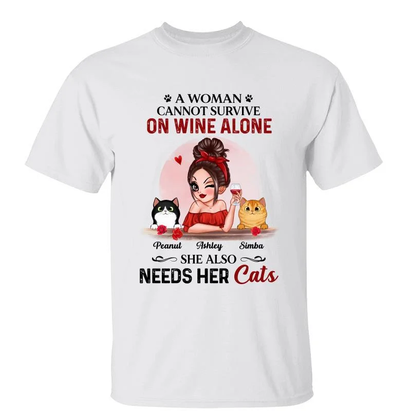 Women's Off Shoulder T-Shirts-Cat Mom Cannot Survive On Wine Alone Personalized Shirt