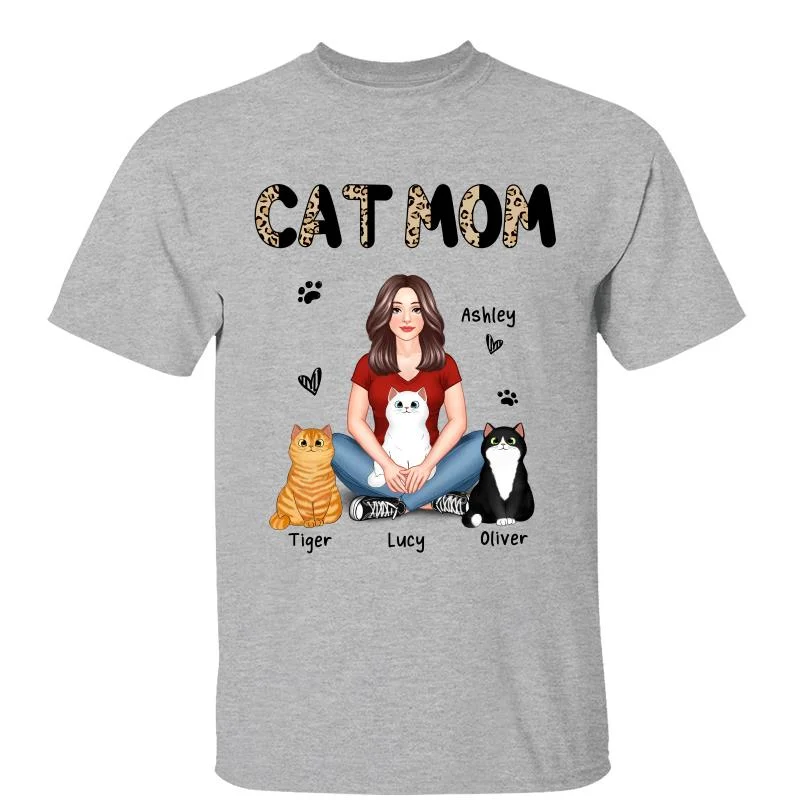 Women's Lace T-Shirts-Cat Mom Pattern Real Woman Sitting With Fluffy Cat Personalized Shirt