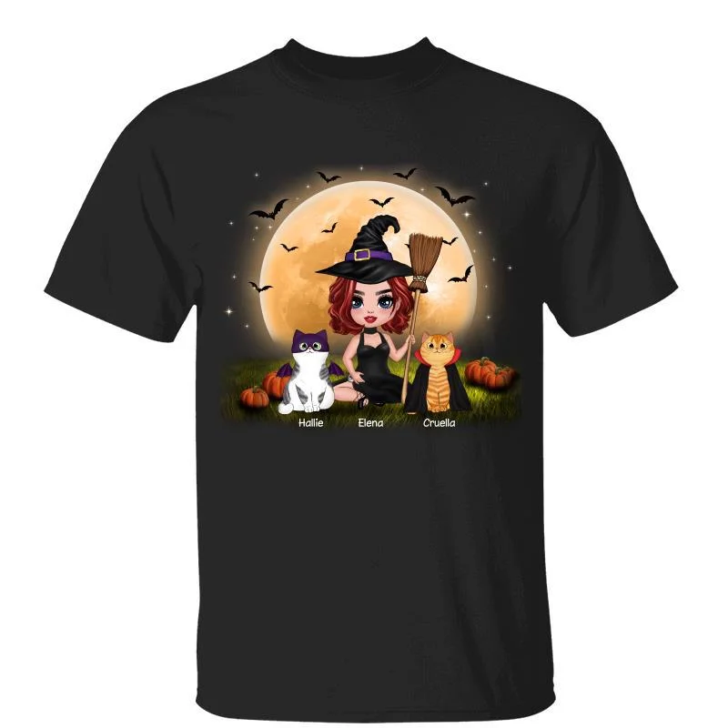 Women's Cold Shoulder T-Shirts-Halloween Doll Cat Mom Moon Light Personalized Shirt