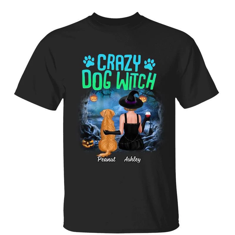 Women's Studded T-Shirts-Crazy Dog Witch Back View Personalized Shirt