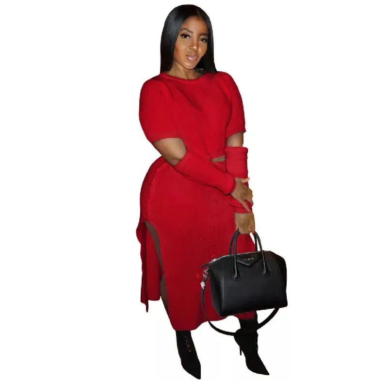 Women's Business Skirts-Cut Up Sweater Skirt Set