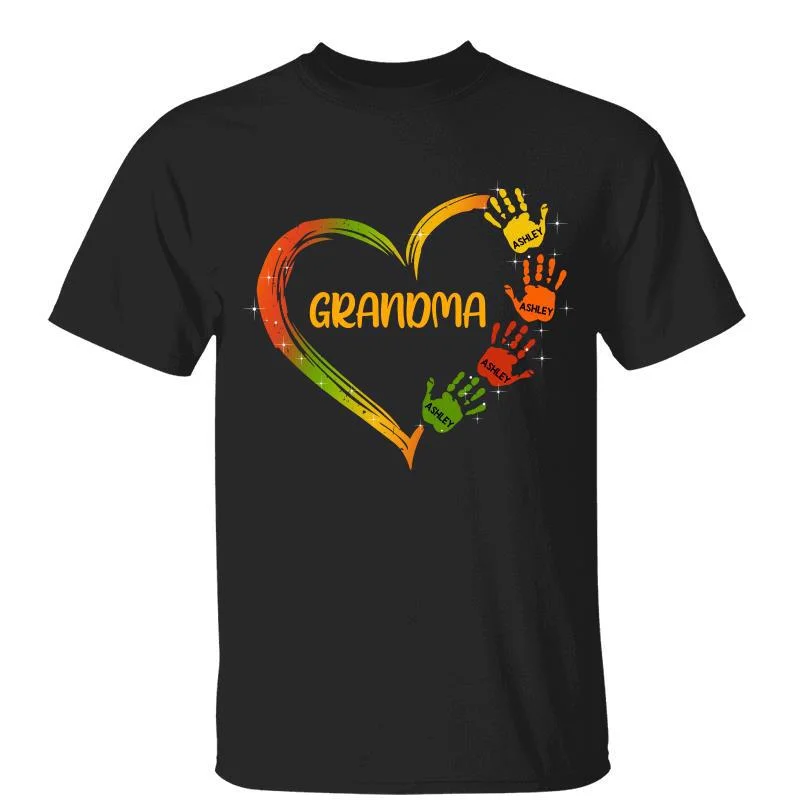 Women's Holiday T-Shirts-Grandma Mom Heart Handprint Fall Season Personalized Shirt