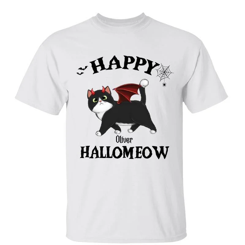 Women's Bold Print T-Shirts-Happy Hallomeow Walking Fluffy Cats Personalized Shirt