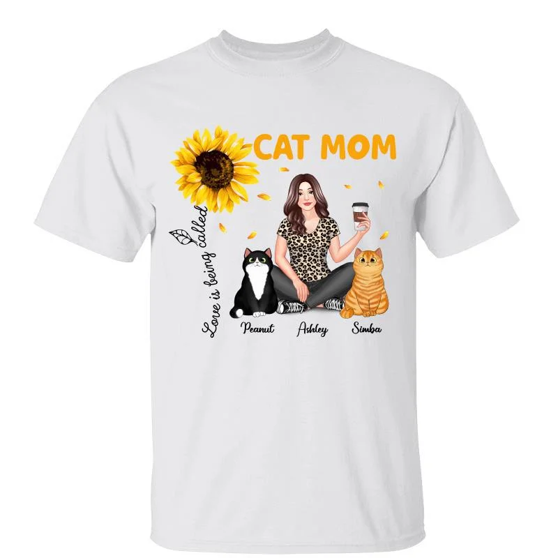 Women's Feather Detail T-Shirts-Sunflower Pretty Woman Cat Mom Personalized Shirt