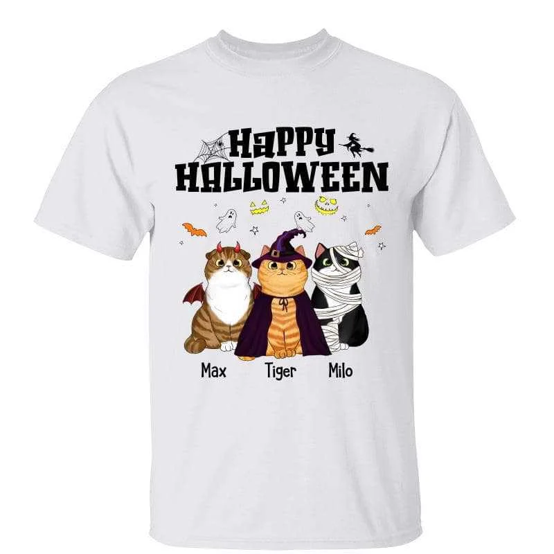 Women's Christmas T-Shirts-Happy Halloween Fluffy Cats Sitting Personalized Shirt