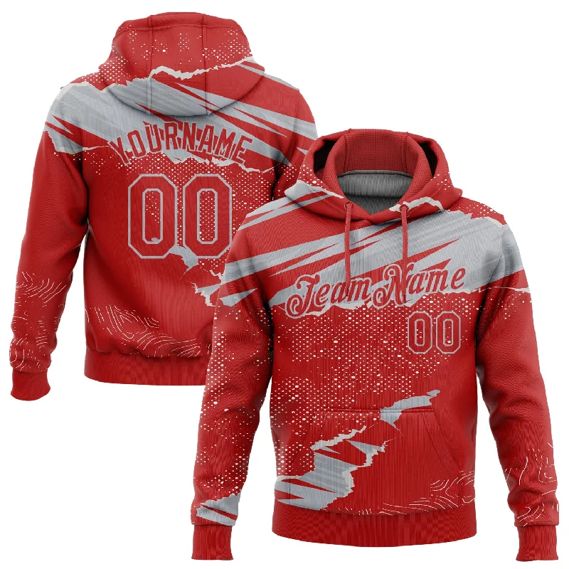 Women's Fleece Hoodies-Custom Stitched Red Gray 3D Pattern Design Torn Paper Style Sports Pullover Sweatshirt Hoodie