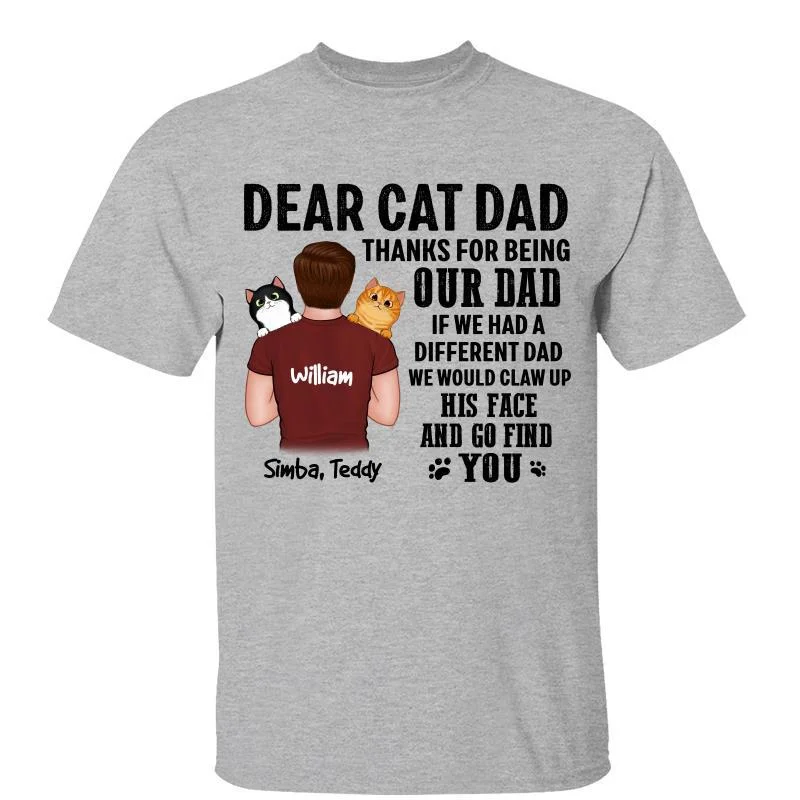 Women's Faux Leather T-Shirts-Dear Cat Dad Carrying Cats On Shoulder Personalized Shirt