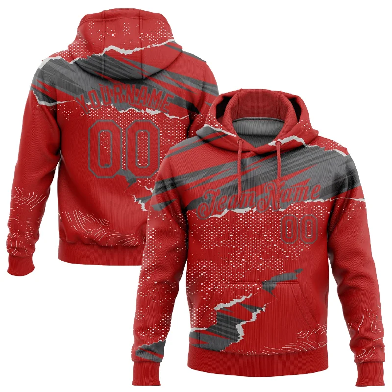 Women's Faded Hoodies-Custom Stitched Red Steel Gray 3D Pattern Design Torn Paper Style Sports Pullover Sweatshirt Hoodie