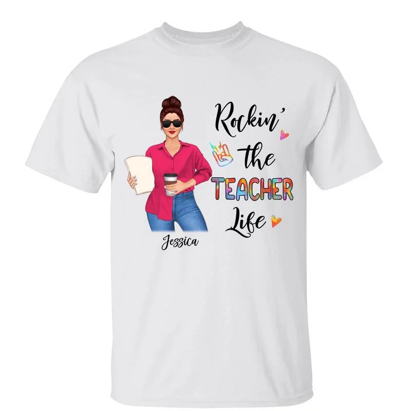 Women's Tie Neck T-Shirts-Rockin‘ The Teacher Life Personalized Shirt