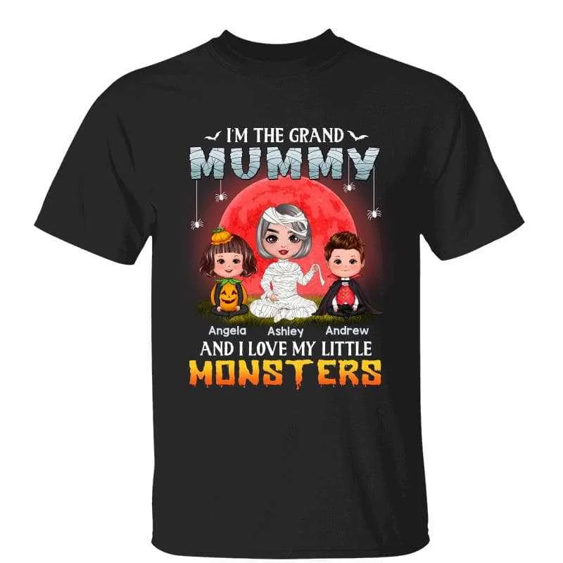 Women's Paisley Print T-Shirts-Grand Mummy And Little Monsters Halloween Personalized Shirt