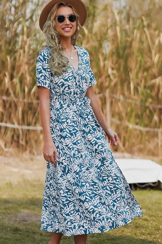 WOMEN PATTERNED WAIST TIED A LINE LONG DRESS