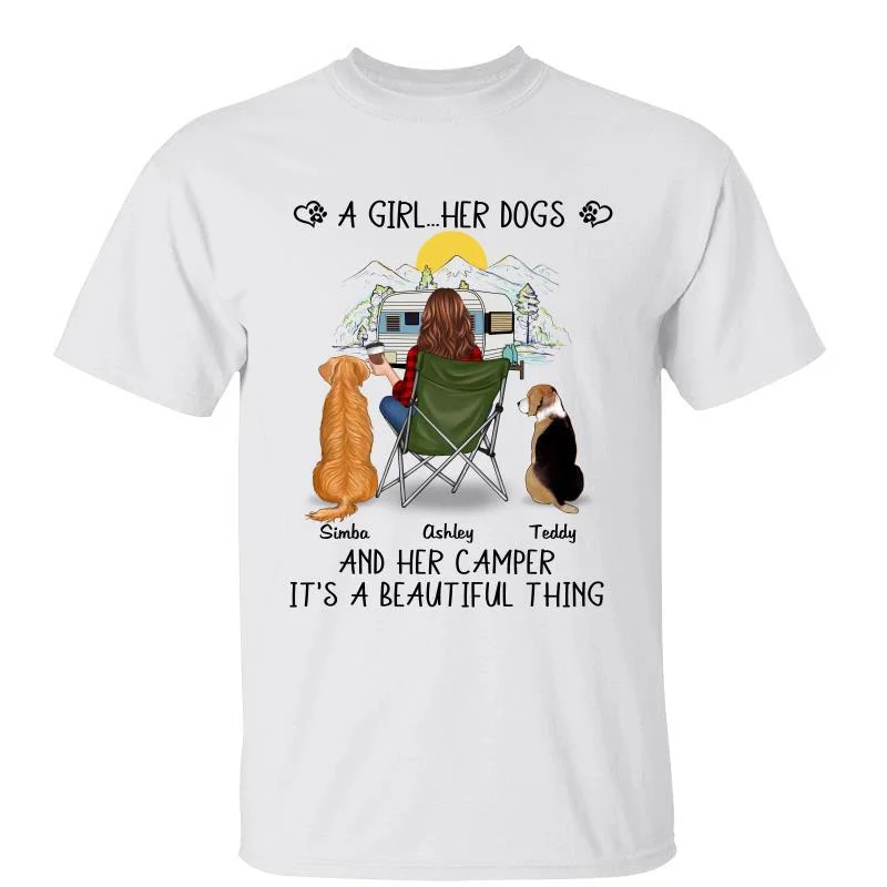 Women's Jewel Tone T-Shirts-Camping A Girl Her Dog And Camper Beautiful Thing Back View Personalized Shirt