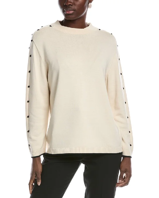 Women's Tulle Pencil Pullovers-St. John Bobble Intarsia Pointelle Knit Mock Neck Sweater