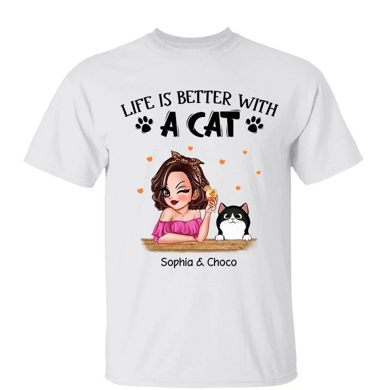 Women's Mesh Panel T-Shirts-Cat Mom Life Is Better Pretty Girl Personalized Shirt