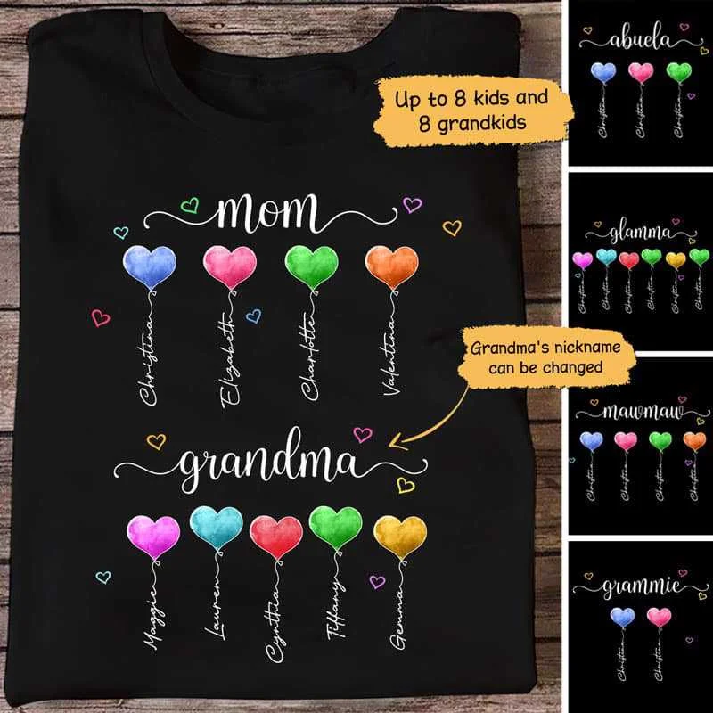 Women's Ethnic Print T-Shirts-Mom Grandma Heart Balloon Personalized Shirt