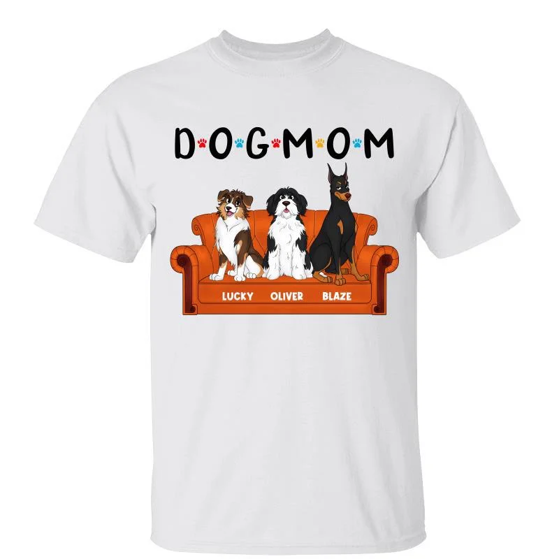 Women's Embroidered T-Shirts-Dog Mom FR Cute Dog Sitting On Couch Personalized Shirt