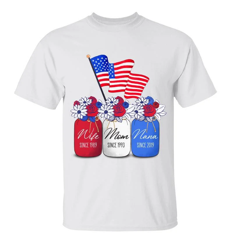 Women's Frill Detail T-Shirts-Wife Mom Grandma Flower Pot Independence Day Fourth of July Personalized Shirt