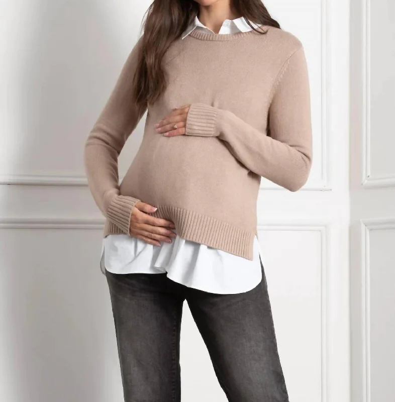 Women's Glitter Ruffle Pullovers-Kerryn Knit Maternity + Nursing Sweater With Woven Shirt In Camel