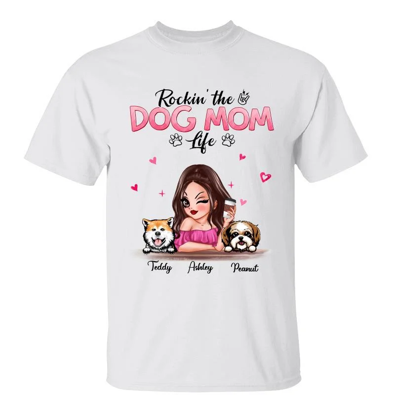 Women's Bow Detail T-Shirts-Rockin‘ Dog Mom Life Pretty Girl Gift Personalized Shirt