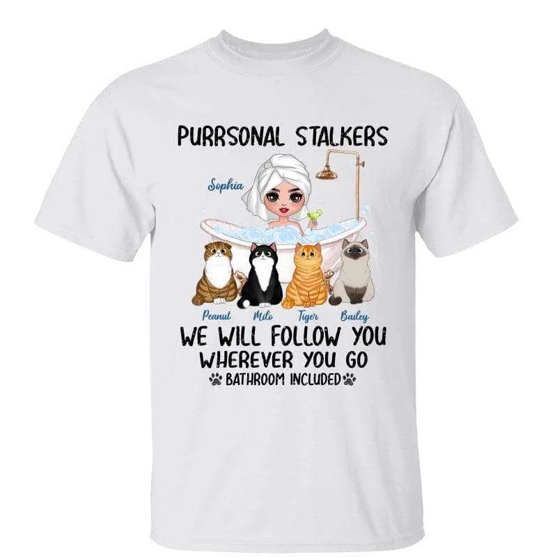 Women's Athletic Fit T-Shirts-Fluffy Cats Purrsonal Stalkers Doll Girl In Bathroom Personalized Shirt