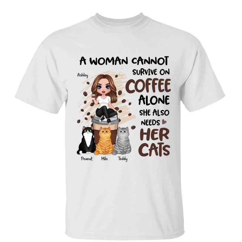 Women's Autumn T-Shirts-Doll Girl Survive On Coffee And Cats Personalized Shirt