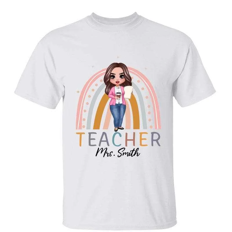 Women's Frayed Hem T-Shirts-Doll Teacher Rainbow Personalized Shirt