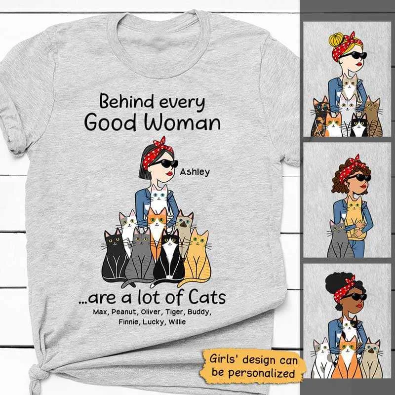 Women's Lace-Up T-Shirts-Behind Every Good Woman Cats Personalized Shirt