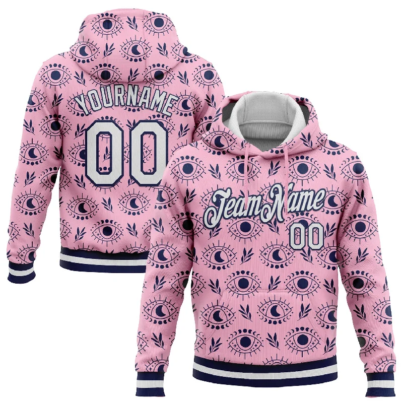 Women's Double Stripe Hoodies-Custom Stitched Light Pink White-Navy 3D Pattern Design Evil Eyes Sports Pullover Sweatshirt Hoodie