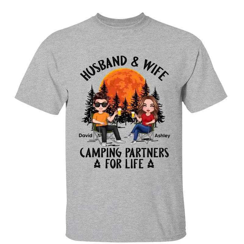 Women's Novelty T-Shirts-Camping Partners Couple Sketch Red Moon Personalized Shirt