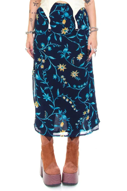 Women's Silk Denim Skirts-Vintage 90's Moody Floral Maxi Skirt - M/L