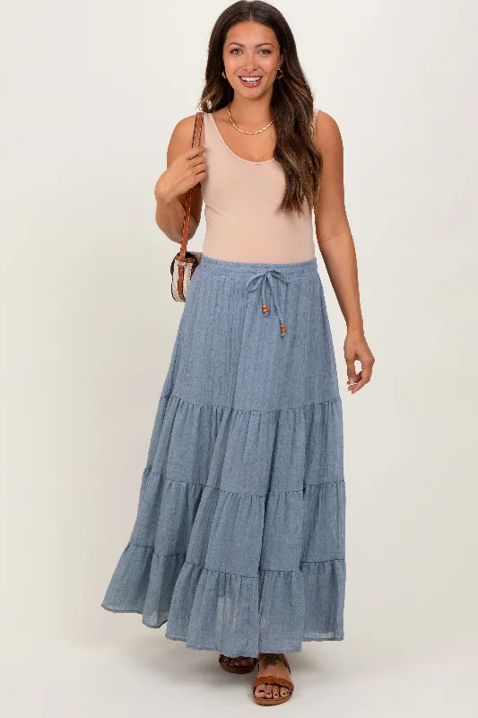 Women's Silk Ruffle Skirts-Blue Drawstring Tiered Maternity Maxi Skirt