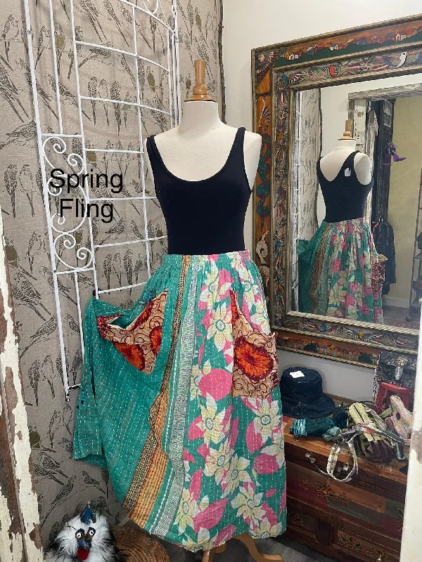 Women's Low-Waisted Floral Skirts-Kantha Sunrise Skirt "Spring Fling" by Jaded Gypsy