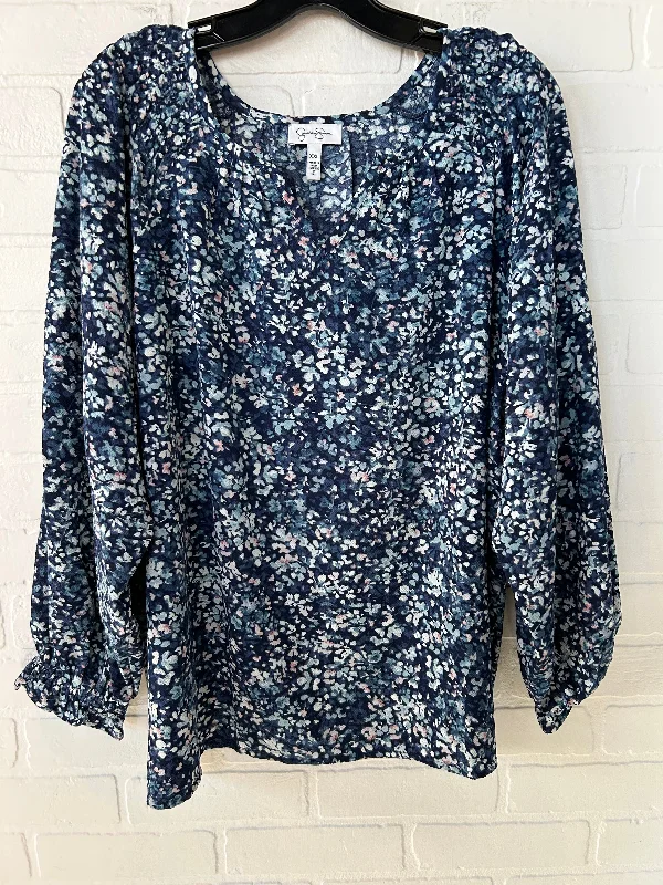 Women's Solid Color Blouses-Top Long Sleeve By Jessica Simpson In Blue & White, Size: Xxl