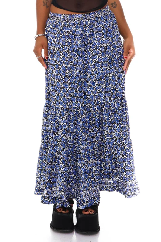 Women's Windproof Pleated Skirts-Vintage Y2K Blue Floral Pattern Maxi Skirt - S/M