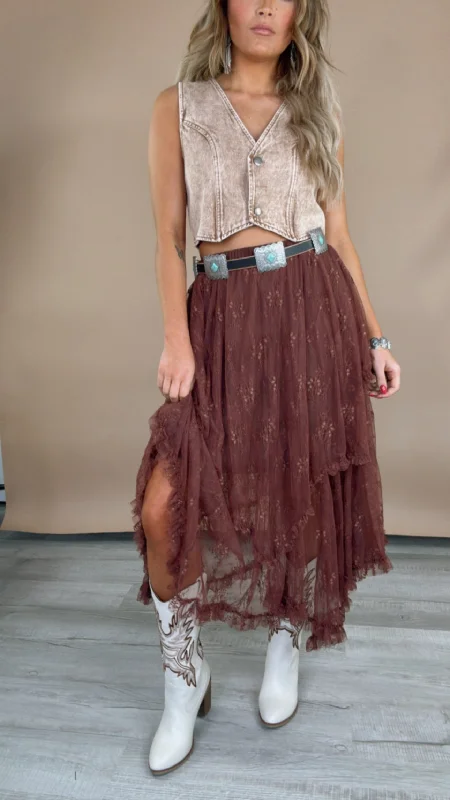 Women's Ribbed Denim Skirts-Delicate Dreams Embellished Lace Skirt, Chestnut