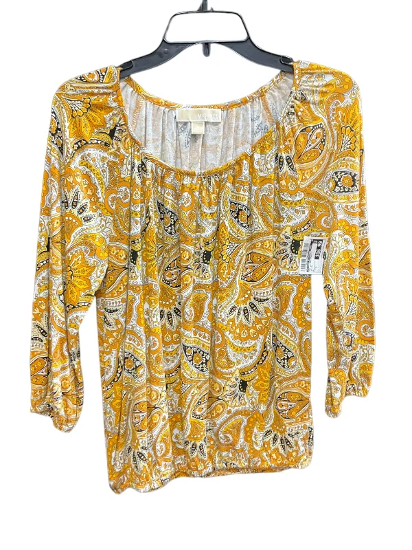 Women's Glitter Blouses-Yellow Top Long Sleeve Designer Michael By Michael Kors, Size S